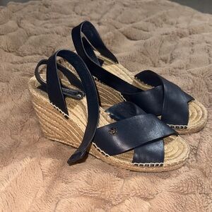 Tory Burch Black Leather Wedge Espadrilles